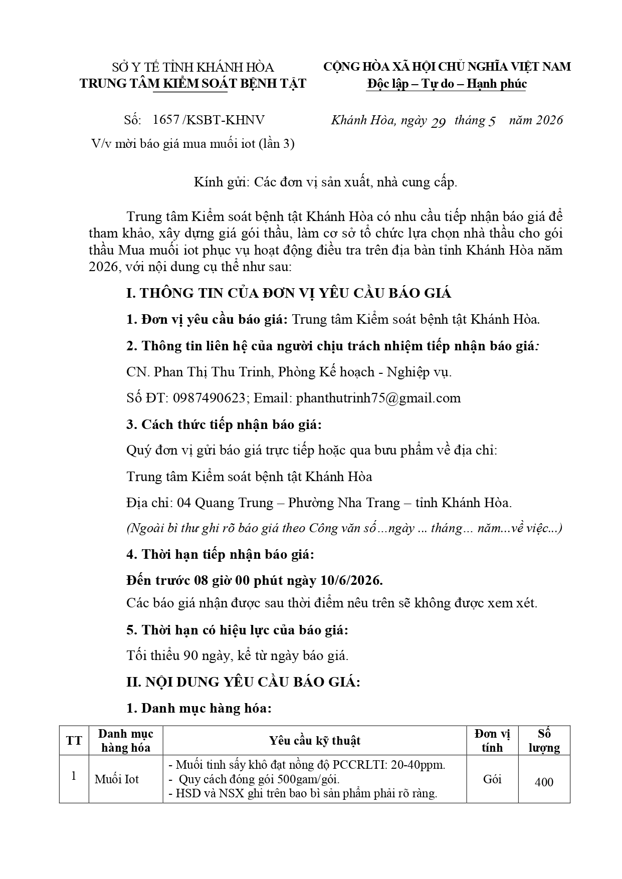 V/v mời báo giá mua muối iot (lần 3)